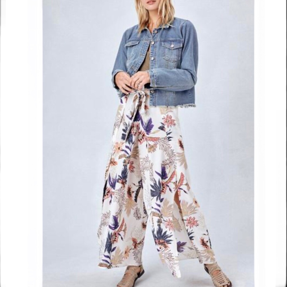 Lovestitch Floral Wide Leg Pants - Cream and Purple